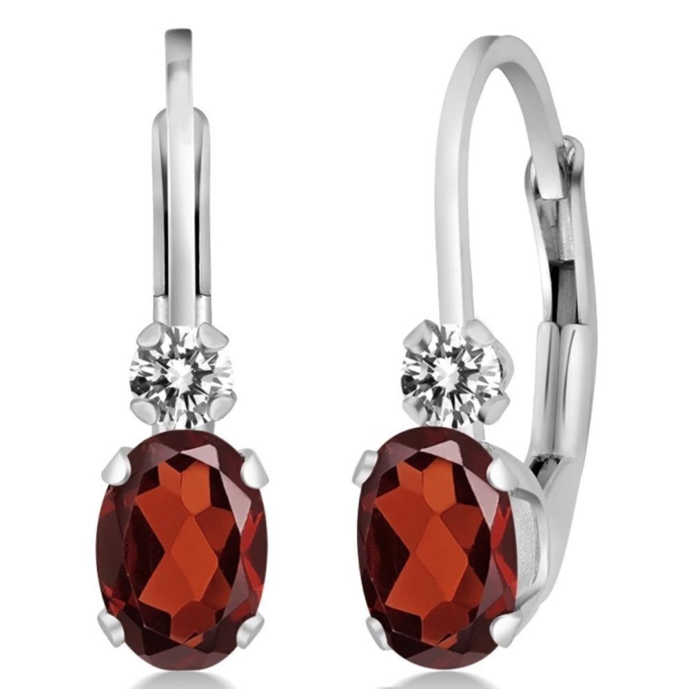 18K White Gold with 1.07 Cttw Garnet and White Diamond Leverback Drop Earrings